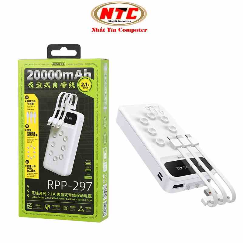 Pin dự phòng Remax RPP-297 Lefen Series 20000mAh kèm cáp 3 đầu - tích hợp cao su hít giữ (trắng) nhattin_flagship_store