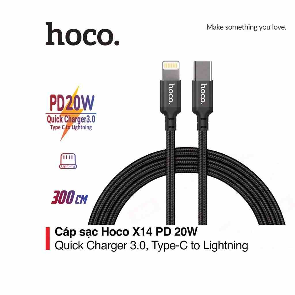 [Mã BMLTA35 giảm đến 35K đơn 99K] Cáp sạc PD20W hoco. X14 Type-C sang 11/12/13/14 ,QC 3.0 vải dù dài 3M ( Đen )