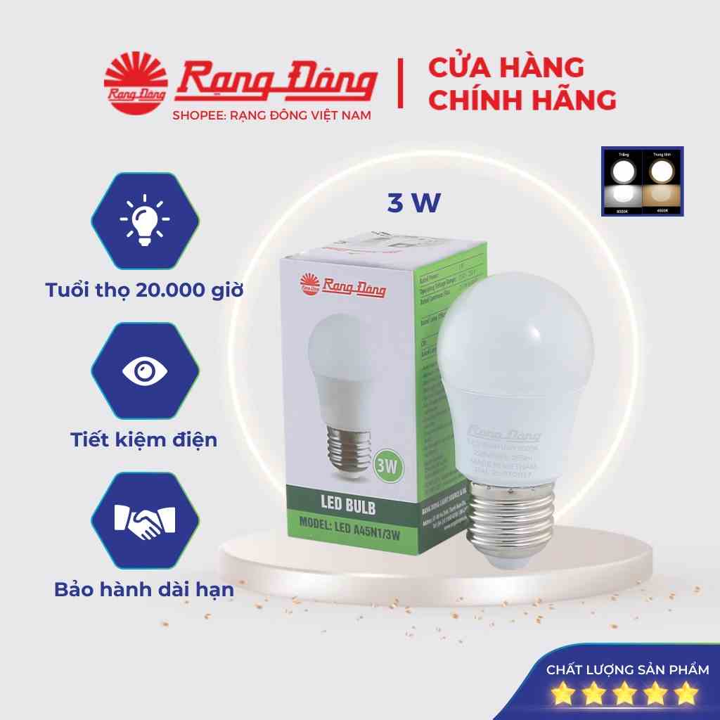 Bóng Đèn LED BULB tròn 3W Rạng Đông, bub tròn siêu sáng, tiết kiệm điện, bảo hành 2 năm, Model LED A45N1/3W