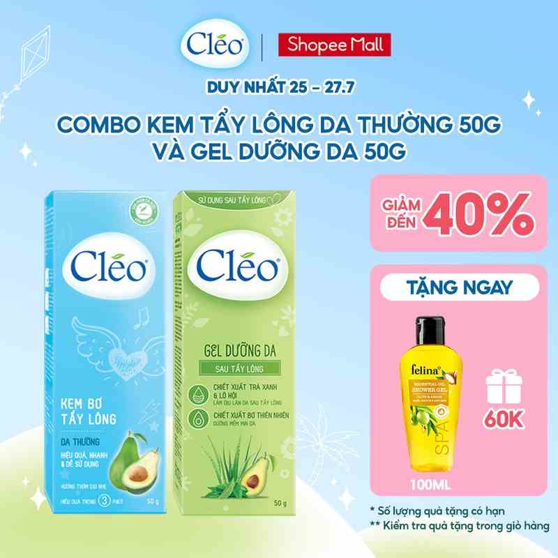 Bộ đôi Kem tẩy lông Cléo cho da thường 50g và Gel dưỡng da Cléo sau tẩy lông giúp dưỡng ẩm và làm dịu da 50g