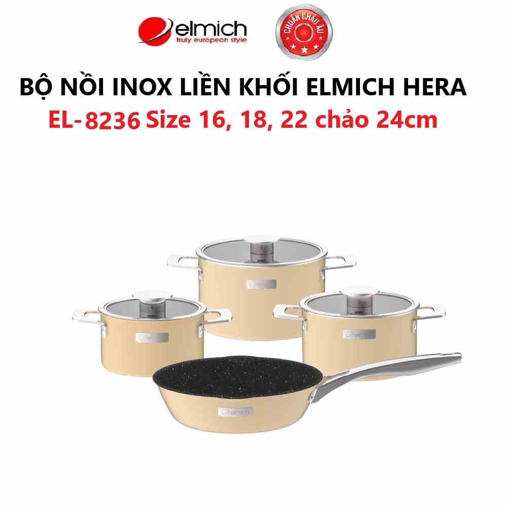 [LIFEMCMBP4 -12% đơn 250K] Bộ nồi Inox liền khối Elmich Hera Size 16, 18, 22, chảo 24cm( Màu Xanh/ Vàng/ Tím )