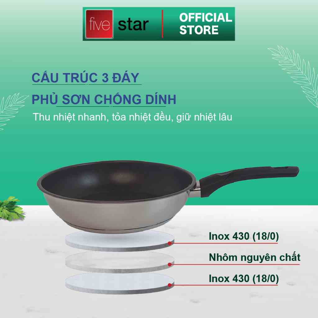 [Mã BMLTA35 giảm đến 35K đơn 99K] Chảo chống dính 3 đáy inox 430 Fivestar Standard (22cm)