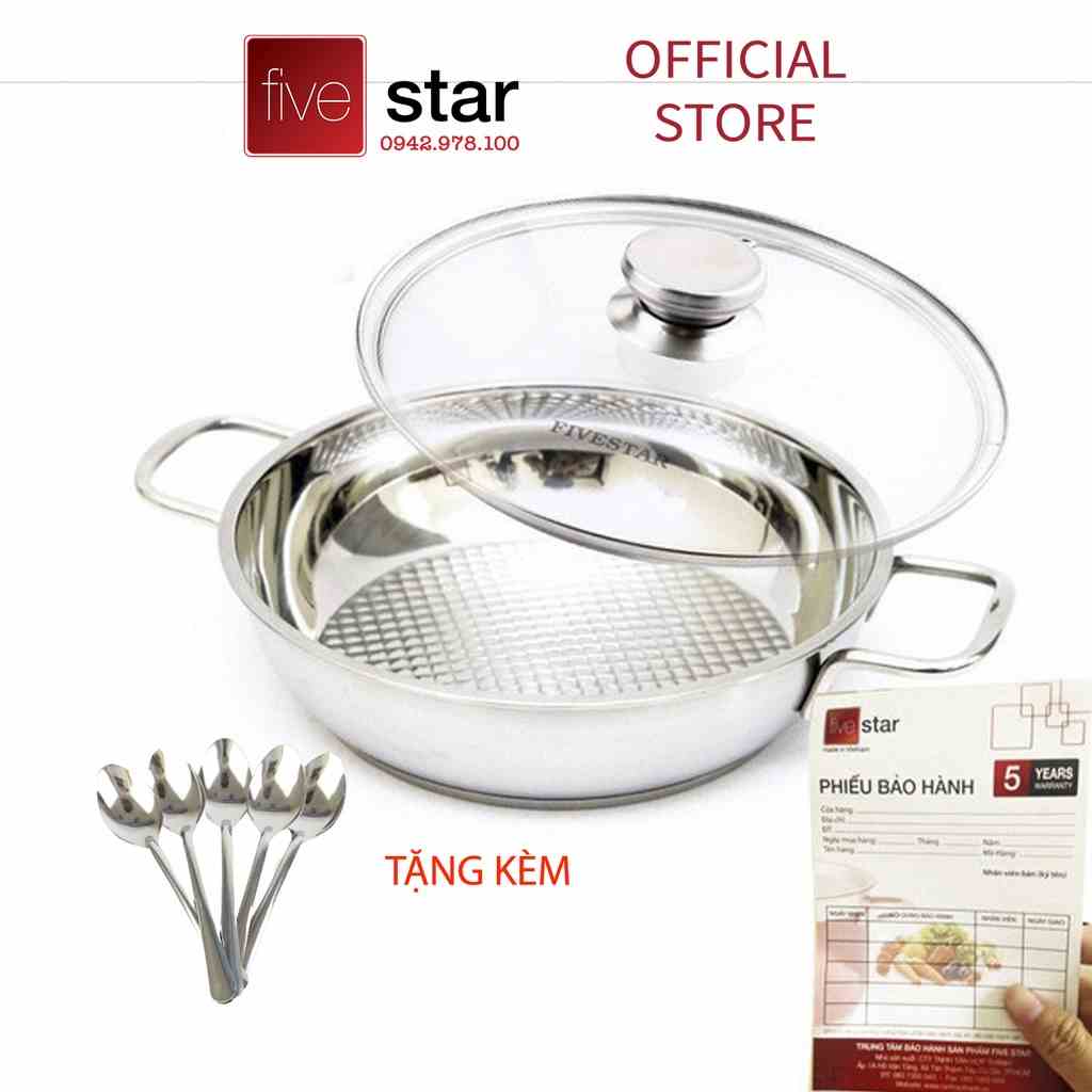 Chảo lẩu xào caro 3 đáy inox 430 Fivestar Standard nắp kính (24cm) L24-3DG , tặng 5 muỗng ăn