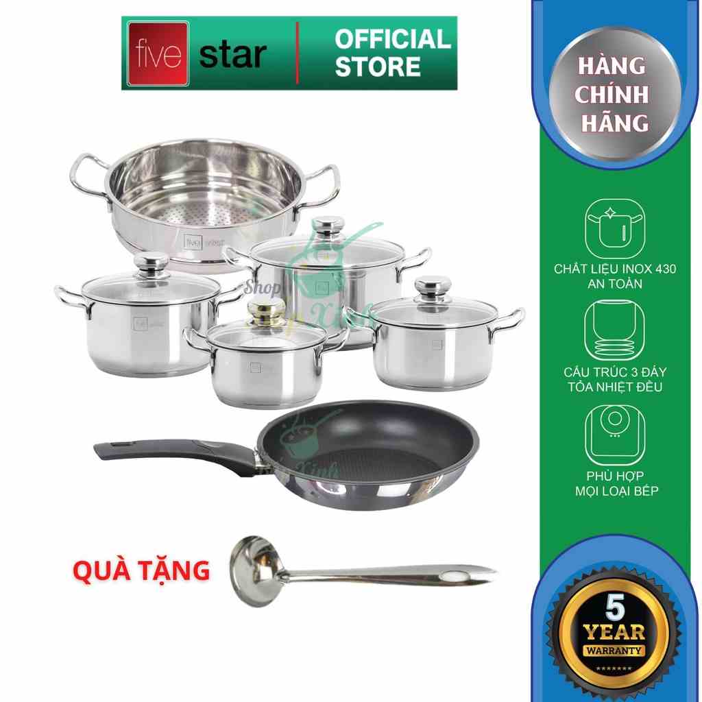 Bộ nồi xửng chảo 3 đáy inox 430 FiveStar Standard 6 món bếp từ nắp kính , tặng 1 vá canh