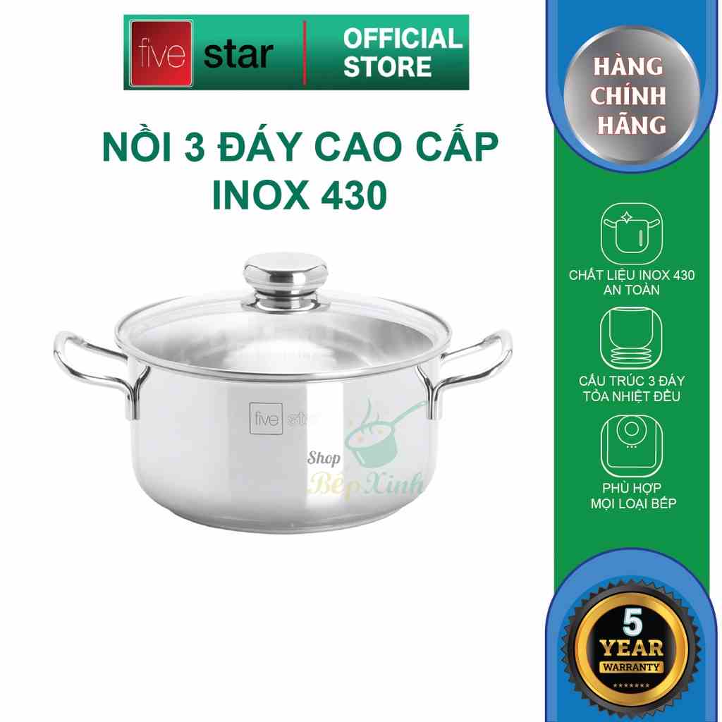 Nồi inox 3 đáy sandwich inox 430 cao cấp Fivestar Standard bếp từ nắp kính (16cm /18cm / 20cm / 24cm)