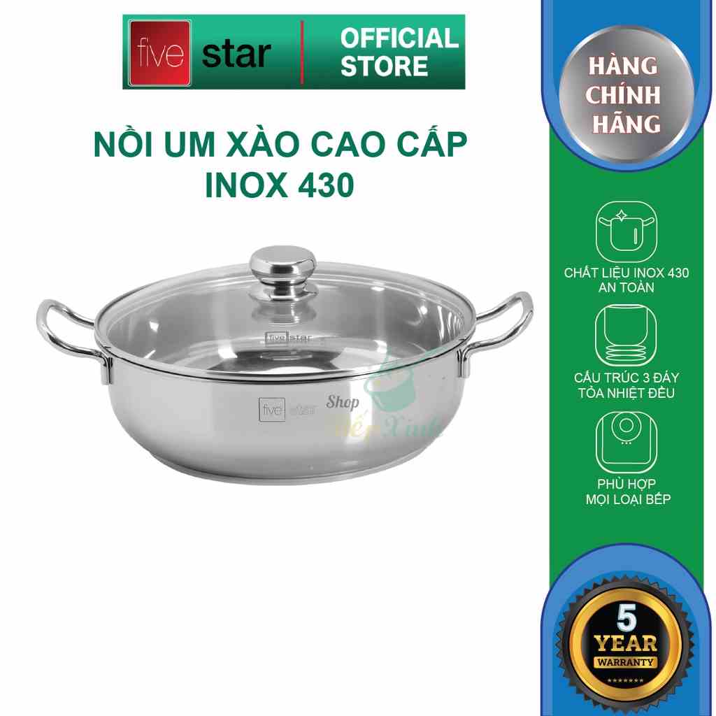 [Mã BMLTA35 giảm đến 35K đơn 99K] Nồi um xào 3 đáy inox 430 Fivestar Standard bếp từ nắp kính (24cm/26cm/28cm)