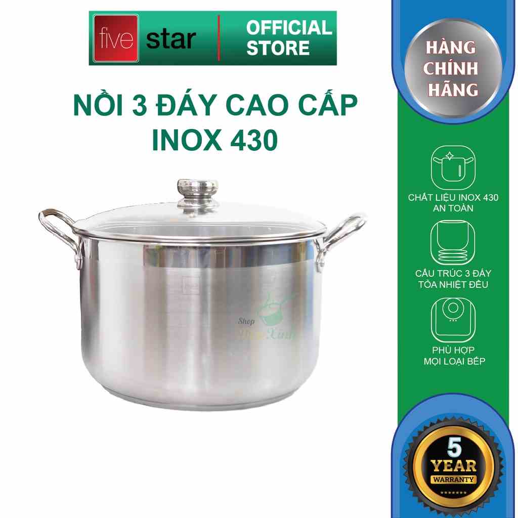 Nồi luộc gà FiveStar inox 430 nắp kính (26cm / 28cm / 30cm / 32cm), 3 đáy dùng bếp từ, hồng ngoại,gas