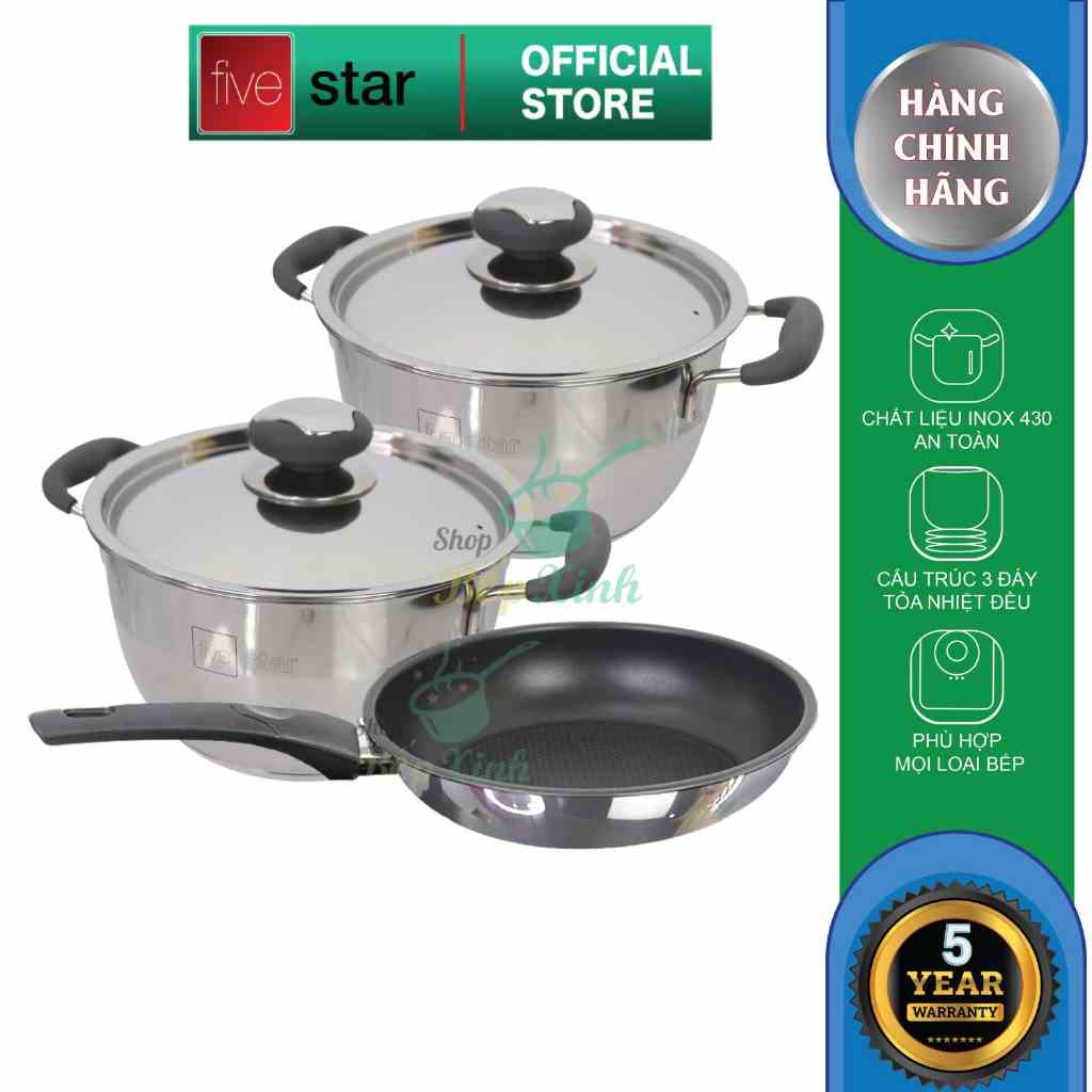 Nồi 3 đáy inox 430 Thân Cool Fivestar Standard quai silicon chống nóng nắp inox