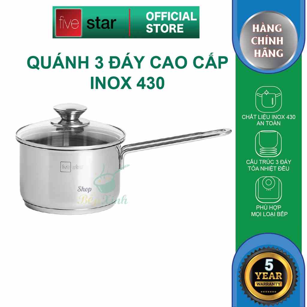 [Mã BMLTA35 giảm đến 35K đơn 99K] Quánh 3 đáy inox 430 Fivestar Standard nắp kính bếp từ FSQ12001 (12cm)