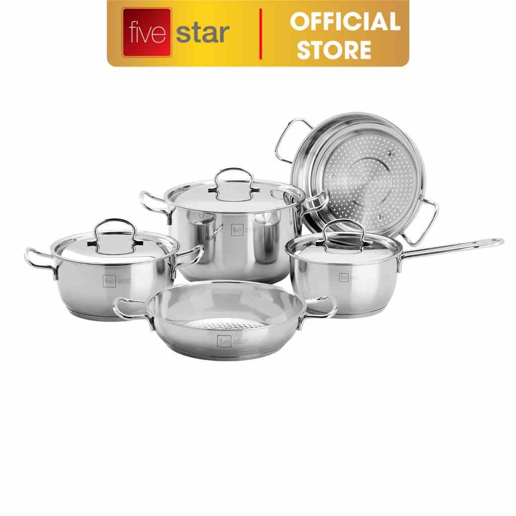 Bộ Nồi 3 Đáy Inox 430 Fivestar Standard nắp kính/ nắp inox (1 Quánh 18cm, 2 Nồi 20cm-24cm, 1 Chảo 24cm và 1 Xửng 24cm)