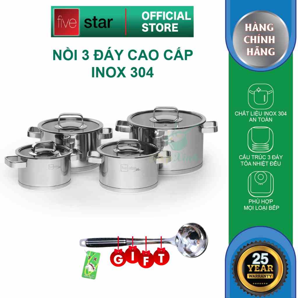 Bộ nồi inox 304 cao cấp FiveStar Plus bếp từ 4 chiếc nắp KÍNH ( nồi 16cm x nồi 18cm x 1 nồi 20cm x 1 nồi 24cm)