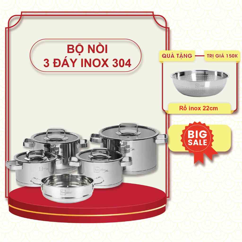 Bộ nồi xửng 3 đáy inox 304 Fivestar Plus 5 món nắp kính ( 1nồi 16cm x1nồi 18cm x1nồi 20cm x1nồi 24cm x 1thân xửng 24cm)