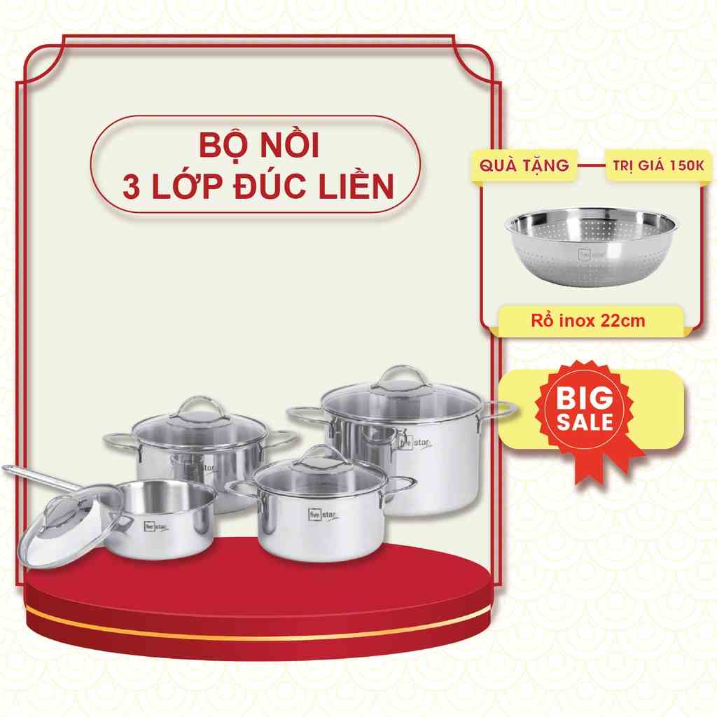 Bộ nồi 3 lớp đáy liền inox 304 Fivestar Plus quai oval nắp kính (1quánh16cm x 1nồi 18cm x 1nồi 20cm x 1nồi 24cm)