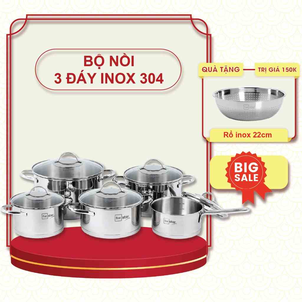 Bộ nồi quánh 3 đáy inox 304 FiveStar Plus kiểu Silit 5 chiếc nắp kính (quánh16cm xN16cmx2N 20cm x1N24cm