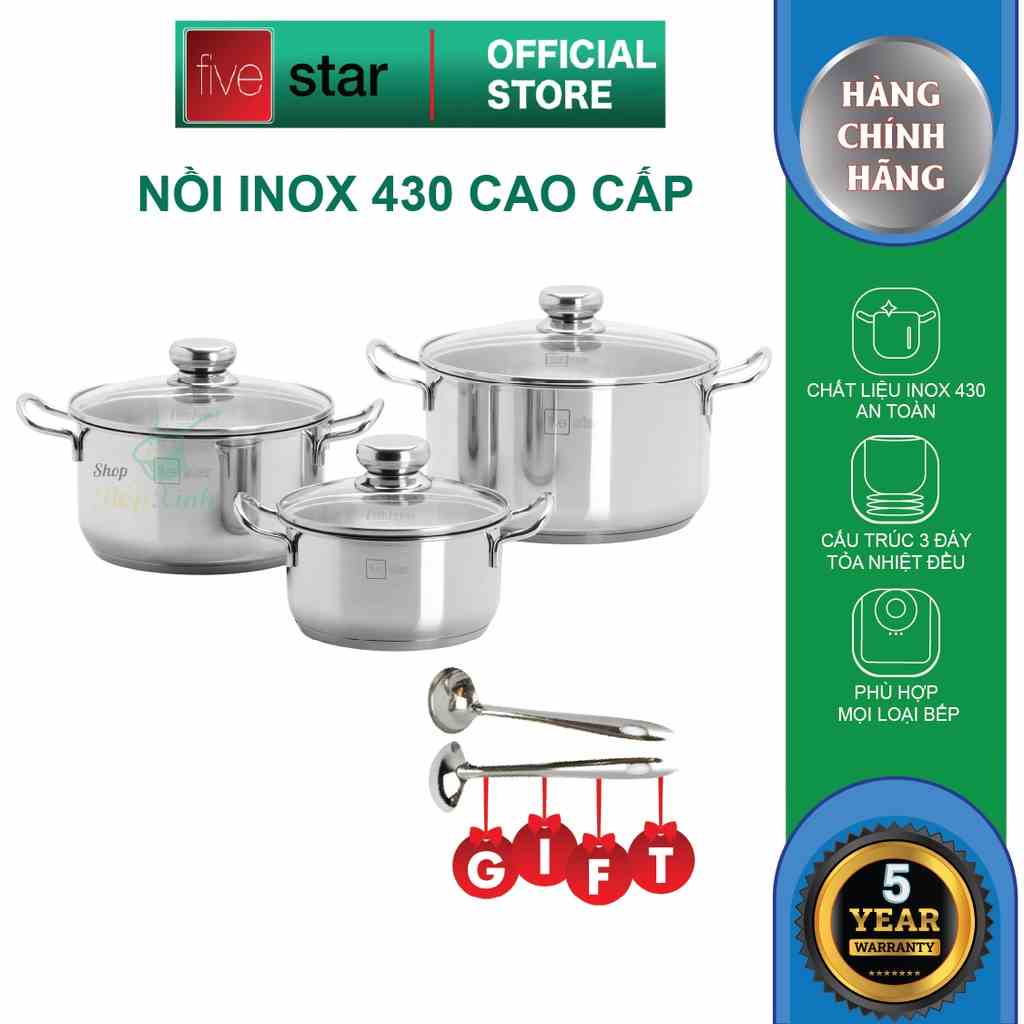 Bộ nồi inox 430 Fivestar Standard 3 đáy bếp từ nắp kính FS06CG tặng 1 muỗng canh( 1 nồi 16cm x 1 nồi 20cm x 1 nồi 24cm )