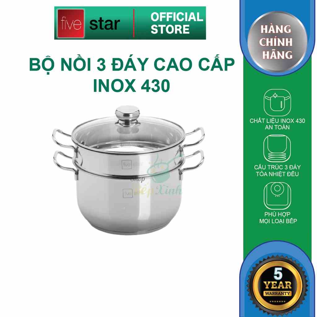 Bộ nồi xửng hấp 3 đáy từ inox 430 cao cấp FiveStar Standard nắp kính 24cm  , dùng được mọi bếp