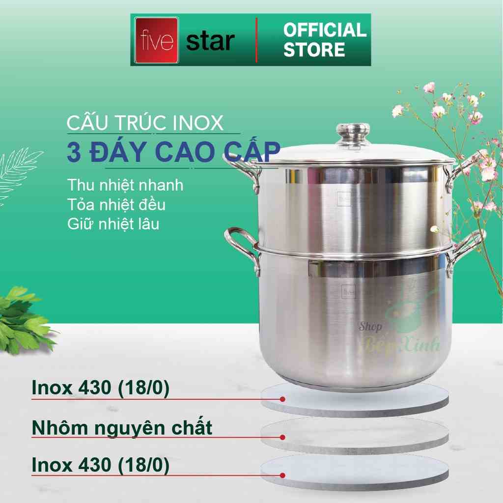 Bộ nồi xửng hấp 3 đáy inox 430 Fivestar nắp kính ( 24cm / 26cm / 28cm / 30cm / 32cm ) , dùng được mọi bếp