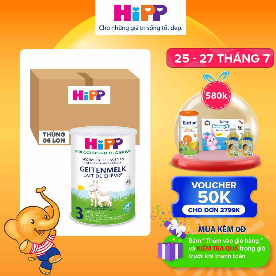 Thùng 6 lon sữa dê HiPP 3 Organic 400g - Nhập khẩu Đức, giúp bé phát triển chiều cao, trí não, tăng cường hấp thu