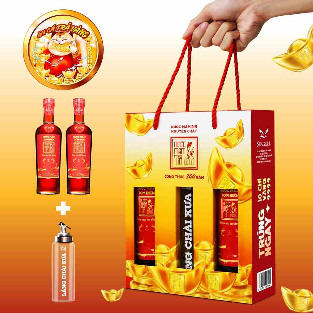 [Quà tết 2023] Cặp 2 chai mắm Tĩn Tôm Biển 45 đạm Hồng Ngọc Đại Dương 500ml/chai và bình rót một chạm cao cấp 500ml