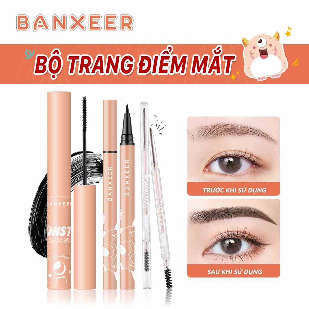 Bộ Trang Điểm 3 Món BANXEER Gồm Bút Kẻ Mắt + Bút Kẻ Lông Mày 3 Màu + Mascara Giúp Mi Dài Và Cong