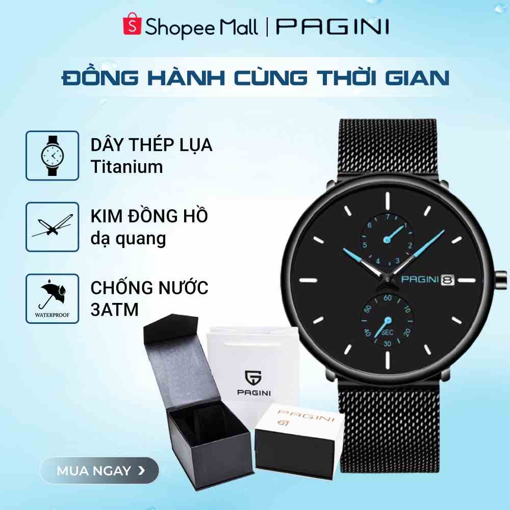 Đồng Hồ Nam Pagini PA9966 dây thép lụa Titanium thời trang Cao Cấp, kim dạ quang có lịch ngày Full Box