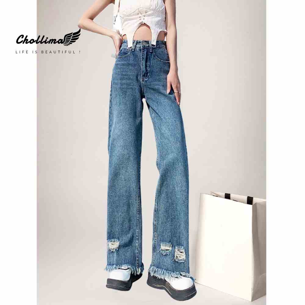 Quần baggy jeans nữ Chollima ống rộng SIMPLE JEAN tua lai rách dài 101cm QD253 phong cách ulzzang hàn quốc