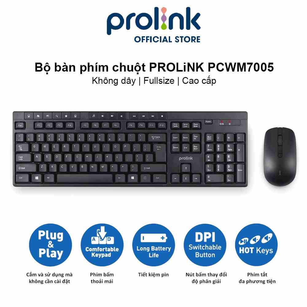 Bộ bàn phím chuột không dây PROLiNK PCWM7005 Fullsize cao cấp, chống thấm nước, thời lượng pin cao dành cho PC, Laptop