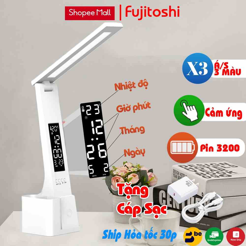 Đèn học để bàn Fujitoshi L68 tích hợp màn hình Lcd hiển thị đa thông tin có pin tích điện dung lương 3200Mah