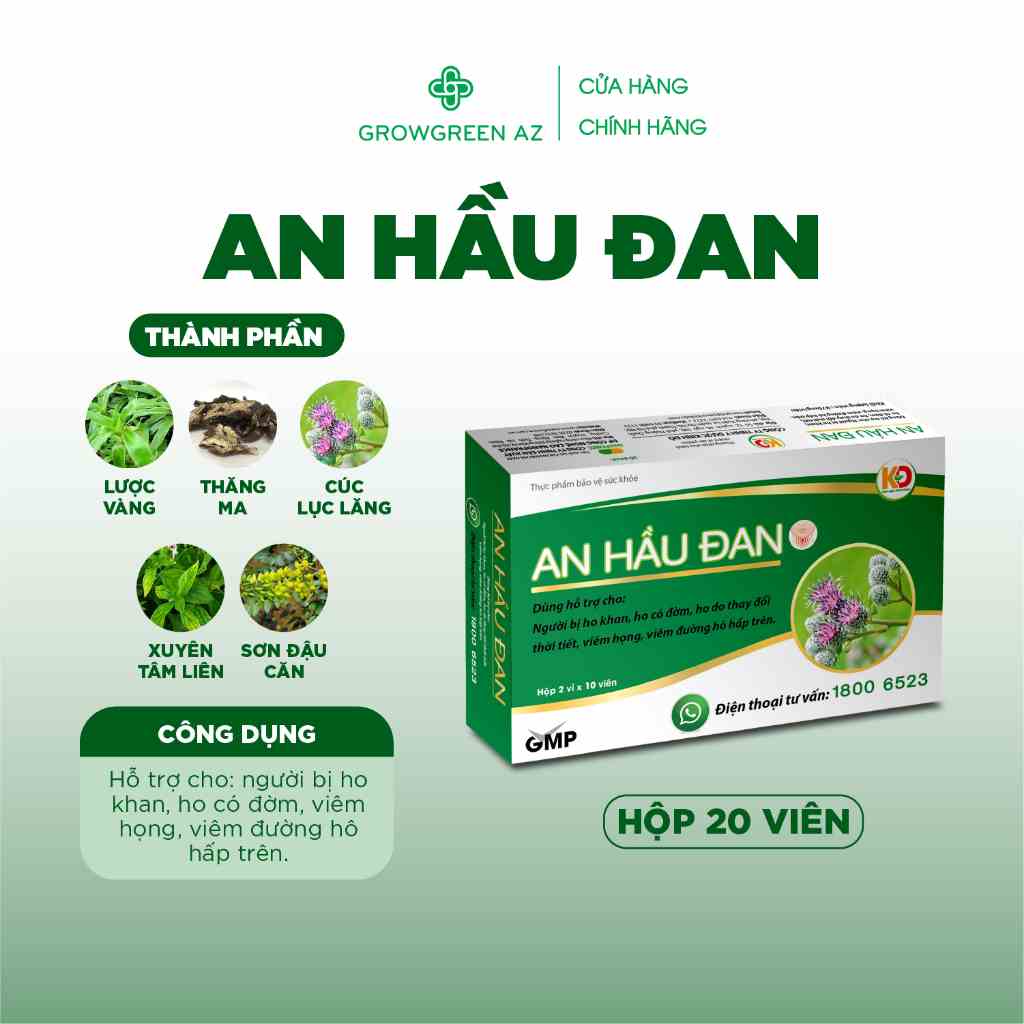 AHĐ-Viên Ngậm Ho An Hầu Đan Grow Green AZ Hết Viêm Họng Hạt, Viêm Amidan, Long Đờm, Bệnh Về Đường Hô Hấp( Hộp 20 viên)