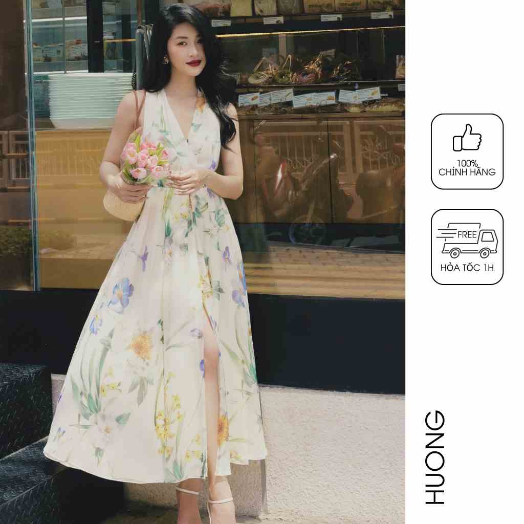 Đầm maxi tơ tằm hoa cổ yếm HUONG BOUTIQUE HBV1240