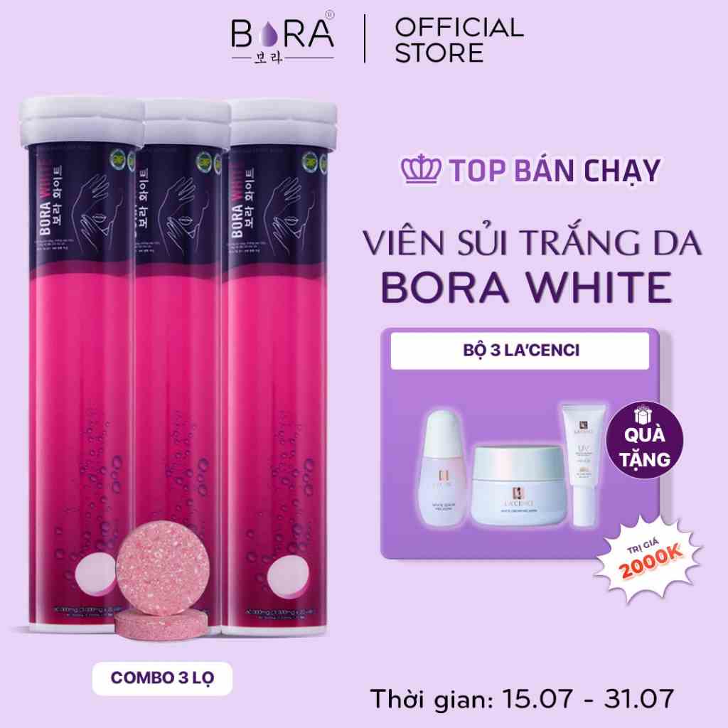 COMBO 3 Viên Sủi Trắng Da BORA White Mờ Nám Giúp Làn Da Trắng Hồng Rạng Rỡ Hộp 60 viên