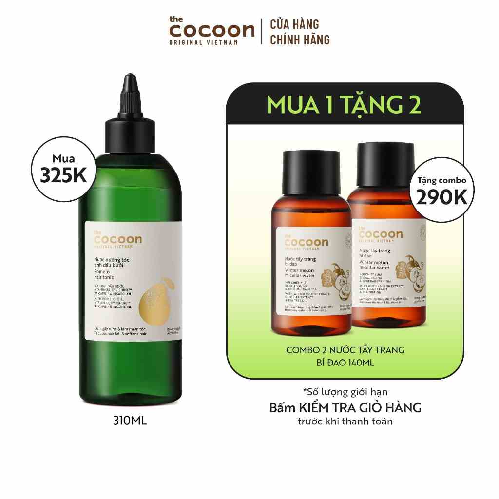 [COMBO MUA 1 TẶNG 2 ÁP DỤNG 01/07-31/07] Nước dưỡng tóc tinh dầu bưởi Cocoon 310ml TẶNG 2 tẩy trang bí đao 140ml