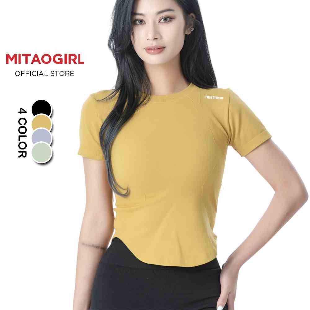 Áo ngắn tay tập gym yoga nữ MITAOGIRL dáng croptop vạt bầu chất dệt cao cấp co giãn thấm hút tốt.