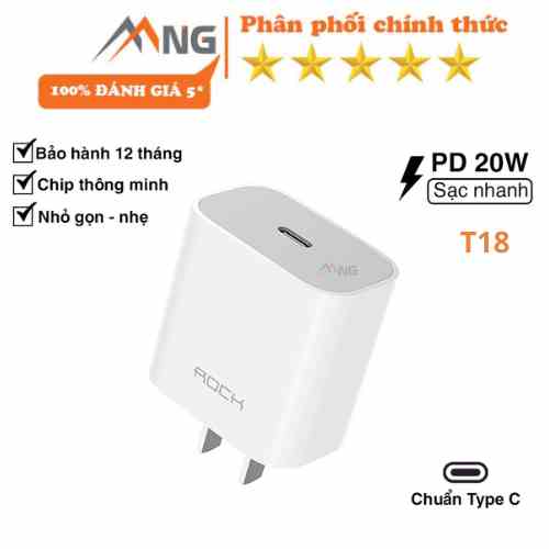 Củ sạc nhanh chuẩn PD 20W Rockspace T18  cổng Type C không nóng máy -  hàng chính hãng bảo hành 12 tháng