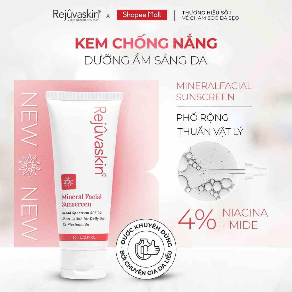 Kem chống nắng vật lý Mineral Facial Sunscreen Rejuvaskin SPF 32 dưỡng ẩm sáng da 60ml - DH Beauty