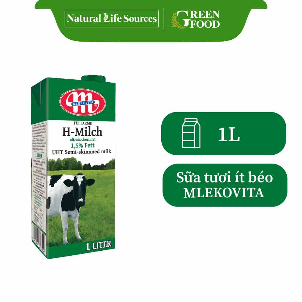 Sữa tươi tiệt trùng Balan Mlekovita ít béo không đường - 1.5% Béo | Hộp 1L - Phù hợp người ăn kiêng, giảm cân