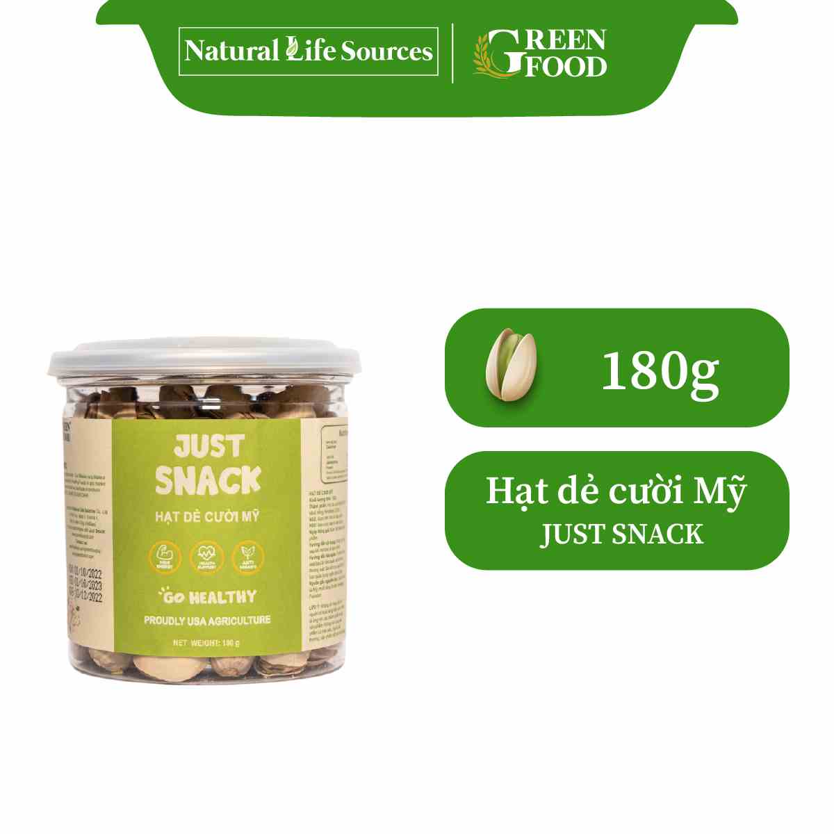 Hạt Dẻ Cười Mỹ Just Snack Green Food có vỏ | Hộp 180g