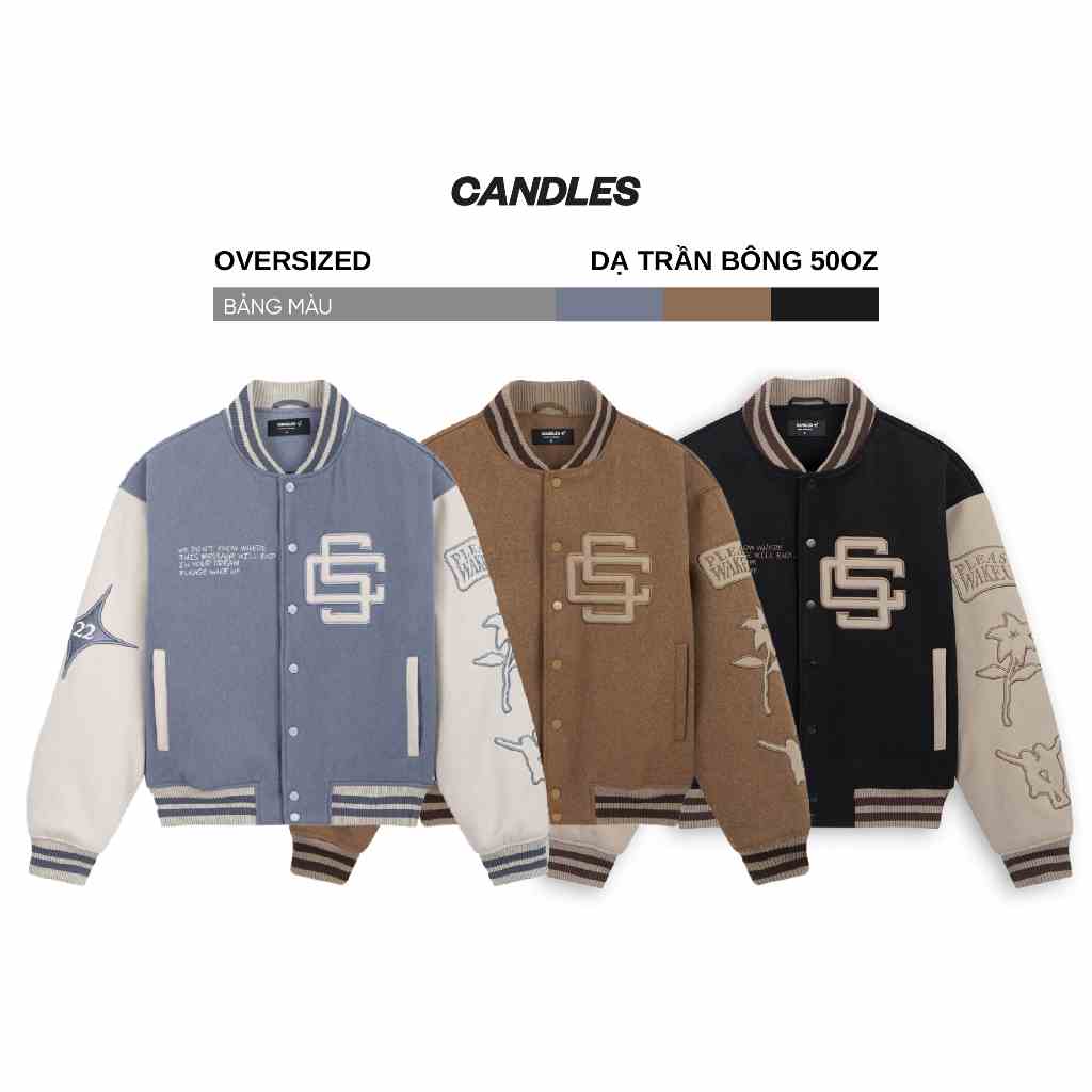 Áo khoác nam nữ oversized CANDLES RD VARSITY thêu chi tiết dạ trần bông 50z chính hãng