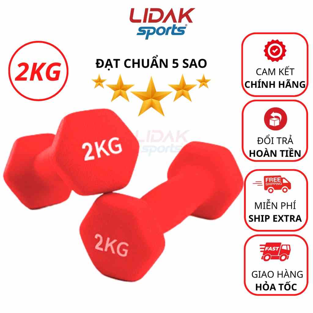 Tạ tay LIDAK 2kg dành cho nữ tập Yoga, Gym tại nhà lõi thép bọc cao su chống trơn - LIDAK SPORT