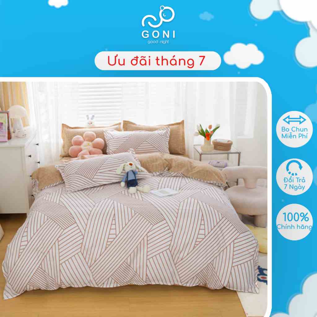 Bộ Chăn Ga Gối Cotton Tici GONI Drap Giường Hoạ Tiết Kẻ Nâu Vintage Đủ Kích Thước Trải Nệm Không Kèm Ruột