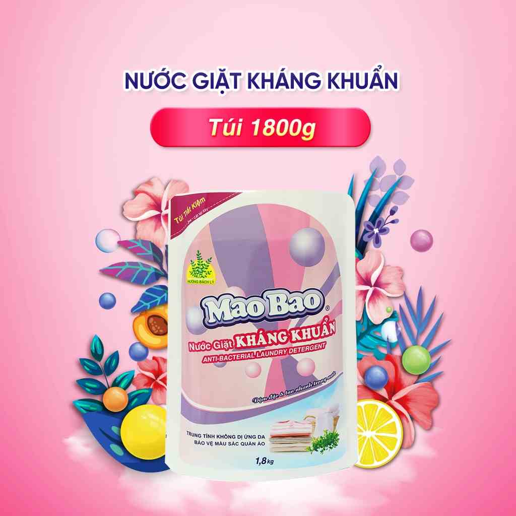 Nước Giặt Kháng Khuẩn Mao Bao túi 1800g Hương hoa bách lý khử mùi, nấm mốc, dễ giặt xả, dành cho da nhạy cảm