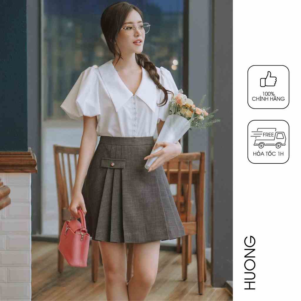 Áo sơ mi cotton lụa cổ bản to nhiều cúc HUONG BOUTIQUE HBSM1059