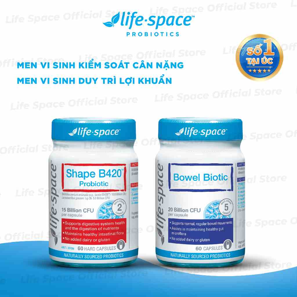 Combo Men vi sinh Life Space Shape B420 Probiotic 60v & Bowel Biotic hỗ trợ tiêu hóa dành cho người lớn 60 viên