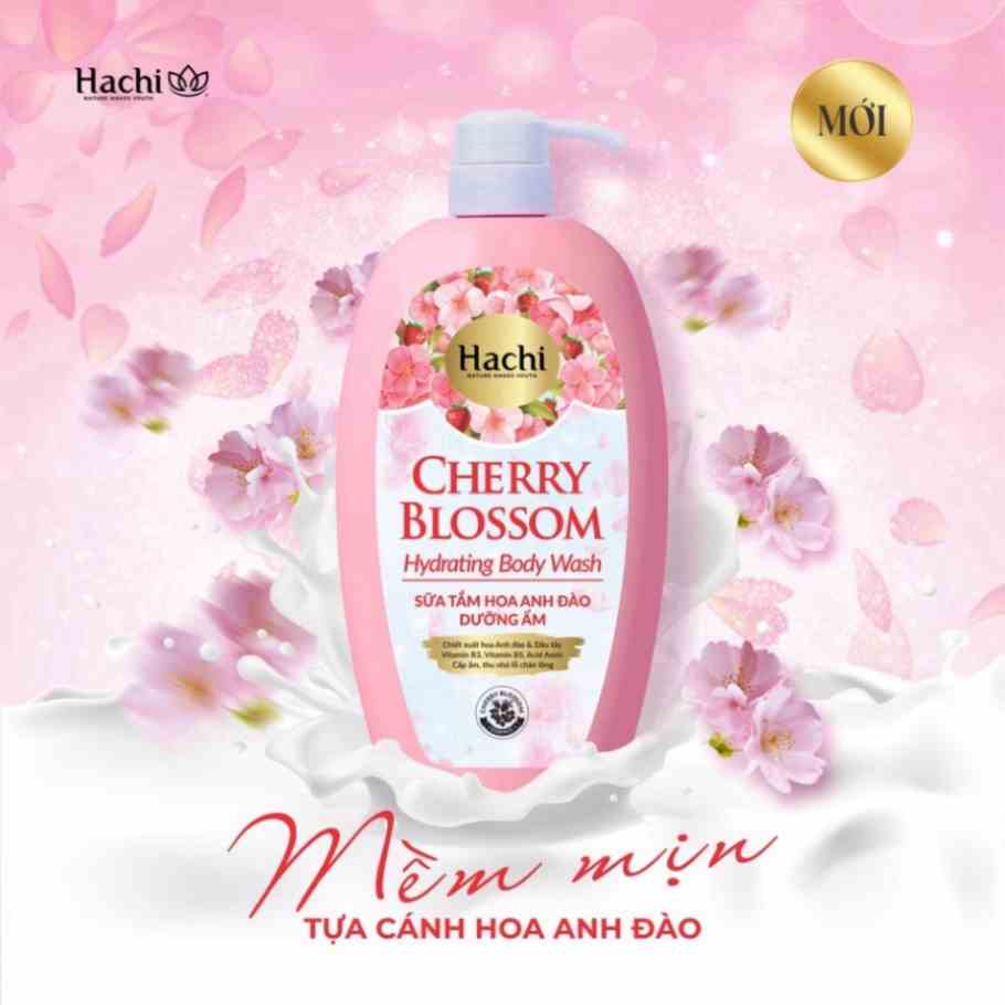 Sữa tắm hoa anh đào CHERRY BLOSSOM Hachi chiết xuất hoa anh đào dâu tây cấp ẩm thu nhỏ lỗ chân lông - Dầu tắm gội 650g