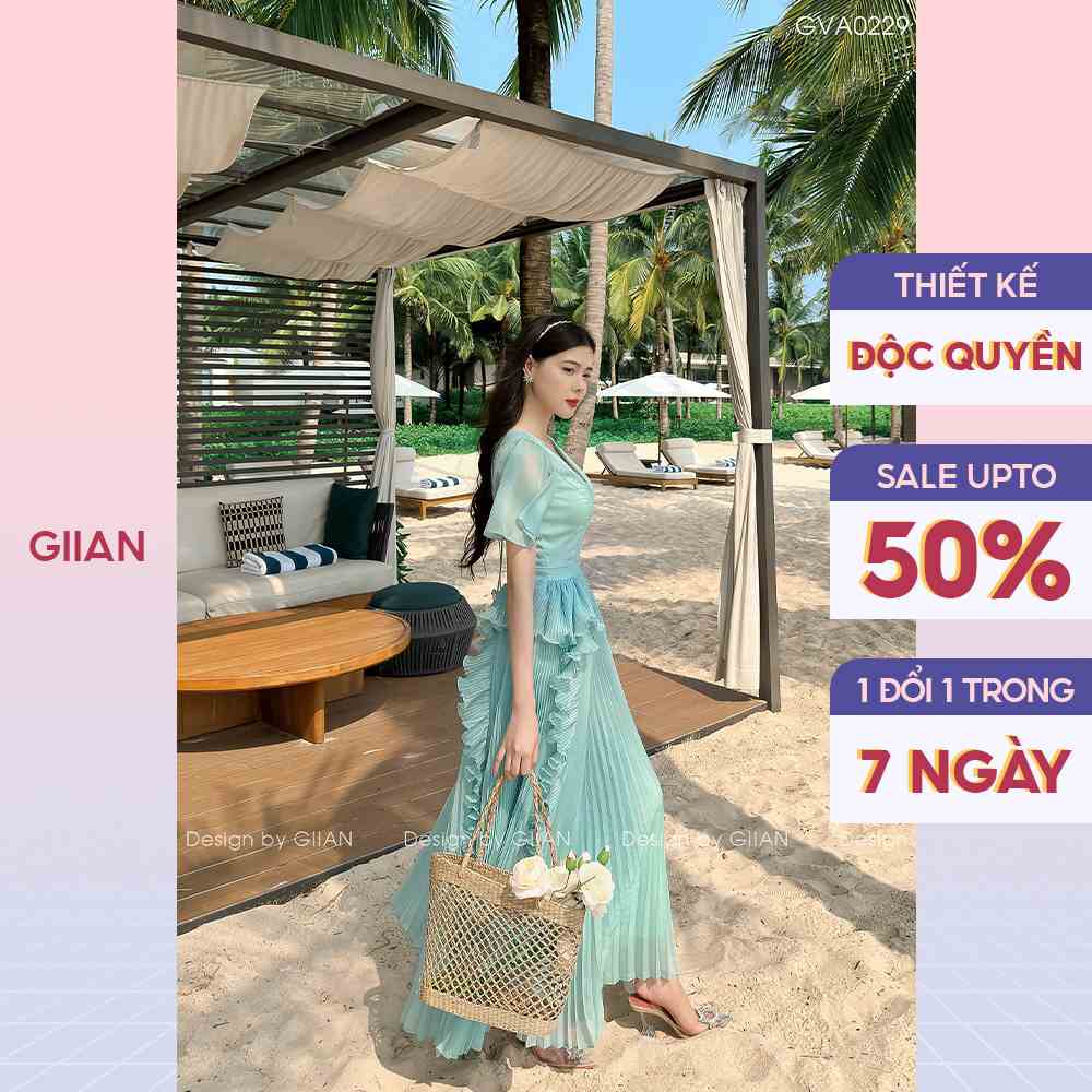 Váy đi biển dáng dài maxi dập ly phối tay bồng cổ V thiết kê nàng tiên sứa chính hãng Giian - VA0229