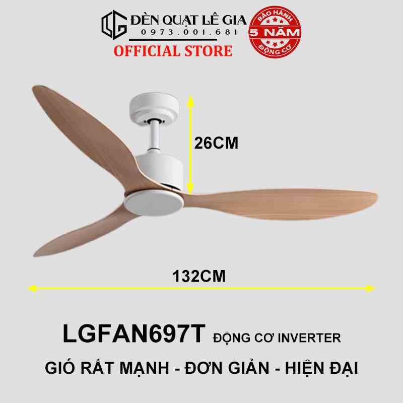 Quạt Trần Chung Cư Gió Mạnh LÊ GIA LGFAN697T - Chiều Cao 26cm - Sải Cánh 132cm - Bảo Hành 5 Năm