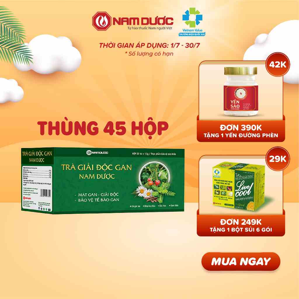 Thùng 45 hộp Trà giải độc gan Nam Dược (hộp 20 gói x1,5g) thanh nhiệt, giải độc, bảo vệ tế bào và tăng cường chức năng g