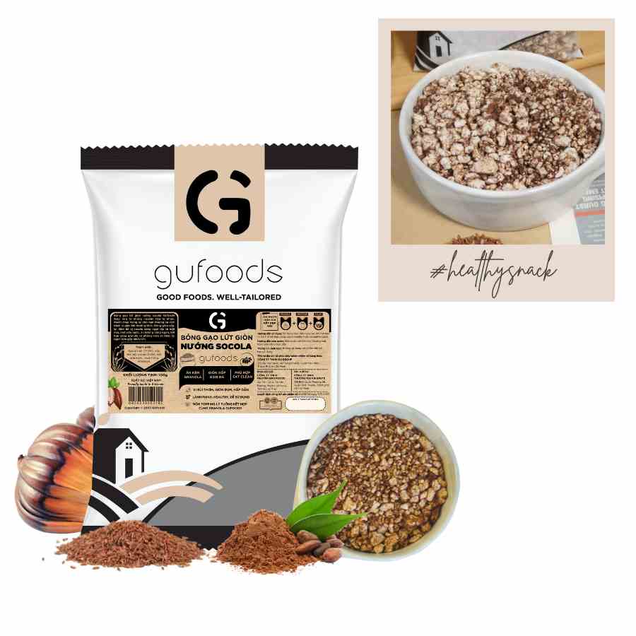 Bỏng gạo lứt giòn nướng socola GUfoods (Gói 100g) - Ăn kèm granola, Giòn xốp đậm đà, Giàu chất xơ, Thuần chay, Eat clean