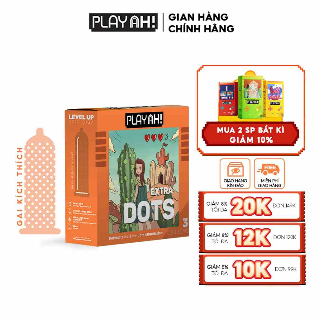 Bao Cao Su PLAYAH Extra Dots Thêm Gai Hộp 3/10 52mm