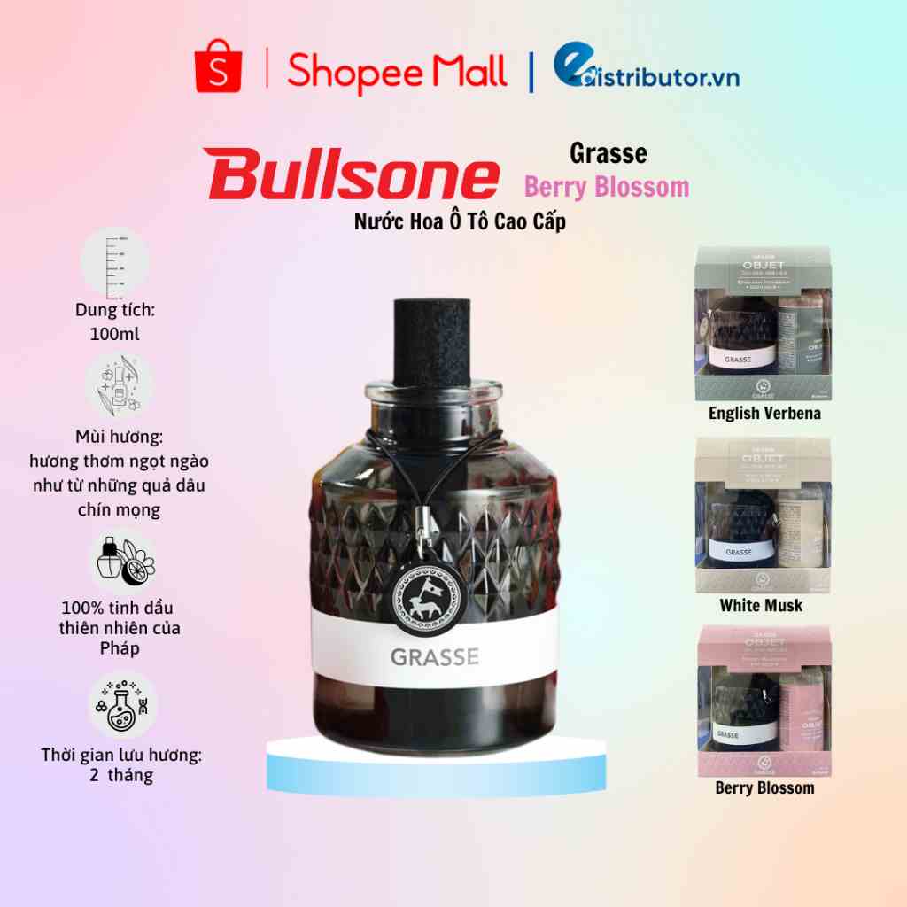 Nước hoa ô tô cao cấp Bullsone Grasse Objet English Verbena/White Musk/Berry Blossom (100ml) - 100% chính hãng